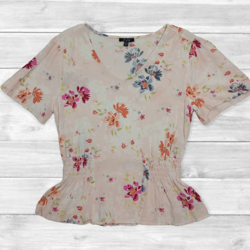 AUW Women's Colorful Floral Short Sleeve Peplum Blouse Size M‎